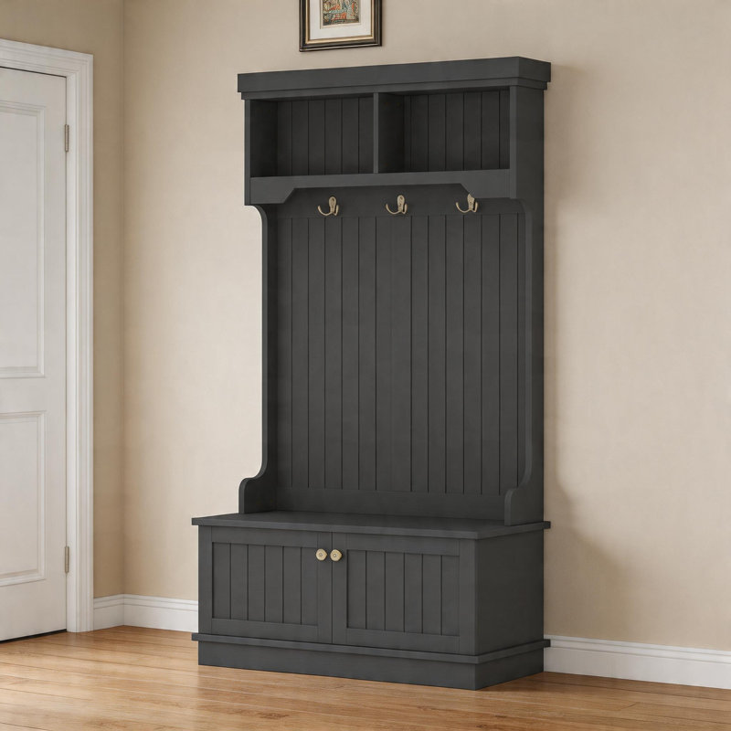 4-In-1 Black Entryway Coat Rack With Hooks And Storage Shoe Bench, Perfect For Living Rooms.