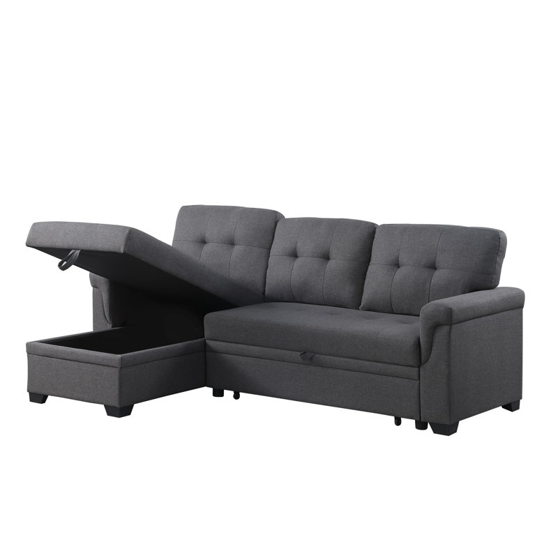 Dark Gray Linen Sectional With Reversible Sleeper, Storage Chaise, Medium Firmness Plump Stitching, 54" Deep