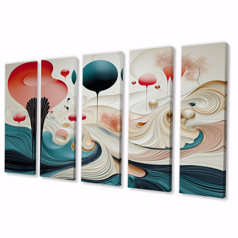 «Abstract Blue Moon Landscape In Retro Blue - Abstract Spirals», reproduction d'art sur toile - 5 panneaux égaux
