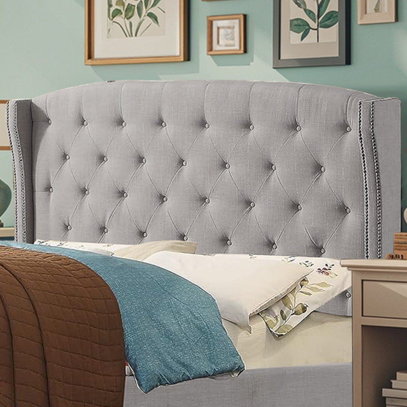 Tête de lit tapissier à oreilles en lin avec garniture cloutée double et capitonnage pour chambre à coucher, Grand lit, Gris