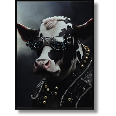 Rockstar Cow with Crystal Shades Canvas Wall Art - 21" x 29" - Black Frame