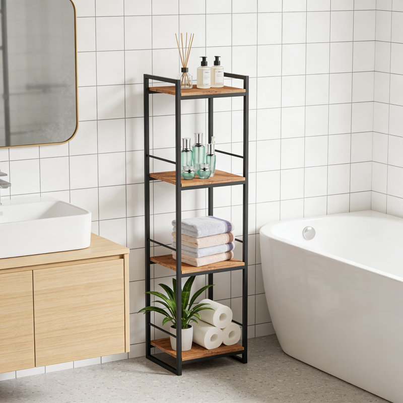 4-Tier Freestanding Storage Shelf Unit With Metal Frame And Wood-Look Shelves For Bathroom, Kitchen, And Living Room Organization