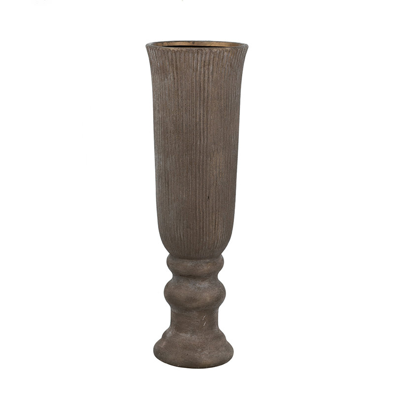  Terracotta Pedestal Vase With Bronze Ridged Design, 22.2" H x 6.9" W x 6.9" D