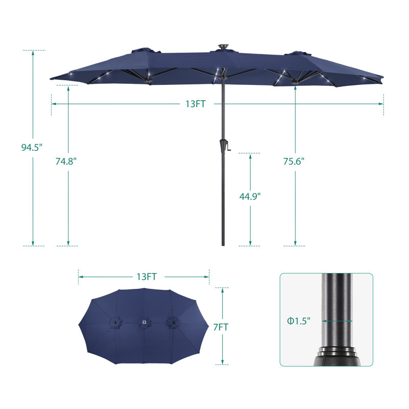 Parasol 13 x 7,2 pi DEL double face pour patio, parasol simple Market, Bleu marine