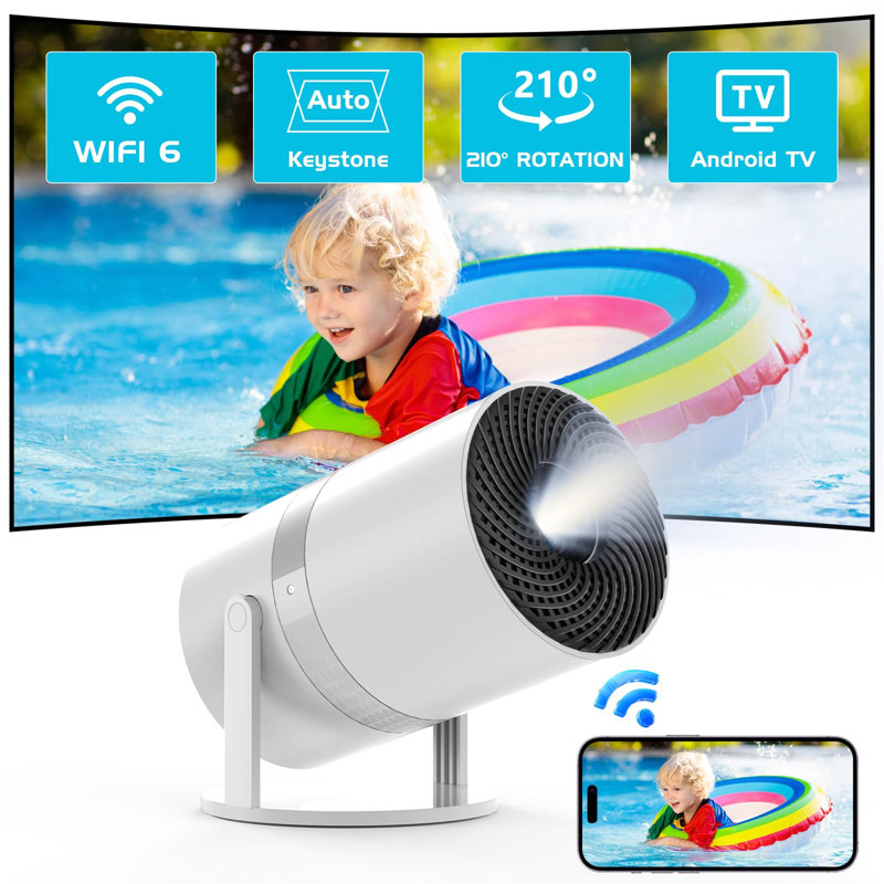 ?Auto Keystone?Mini Projector Wifi6 Bluetooth With Android App, 210° Rotatable Portable Projector 4K 1080P Supported 50% Zoom, Outdoor/Home Video Projector, Compatible With TV Stick, HDMI, Smartphone