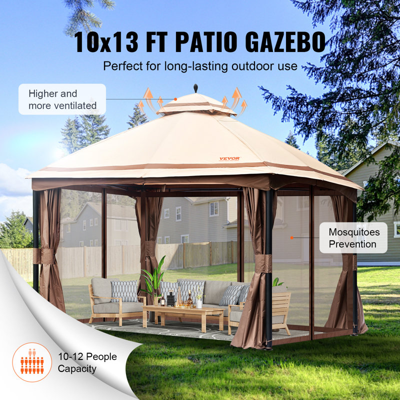 Large Waterproof Beige Steel Patio Gazebo with Mosquito Netting
