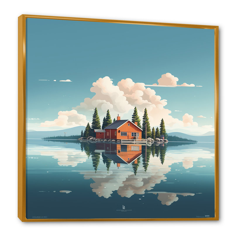 «Scenic Lake House Tranquility», reproduction sur toile, Cadre flottant doré, H 30 po x l 30 po x P 1 po