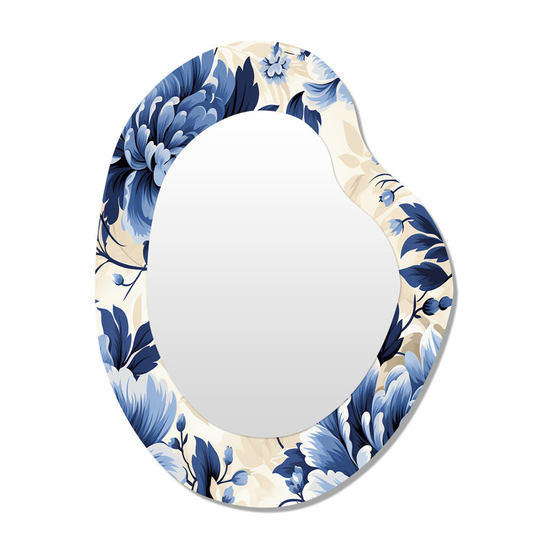 Blanc et bleu damassé Breeze III - miroir de forme unique damassé, miroir mural bleu unique de forme libre, impression d'art en métal