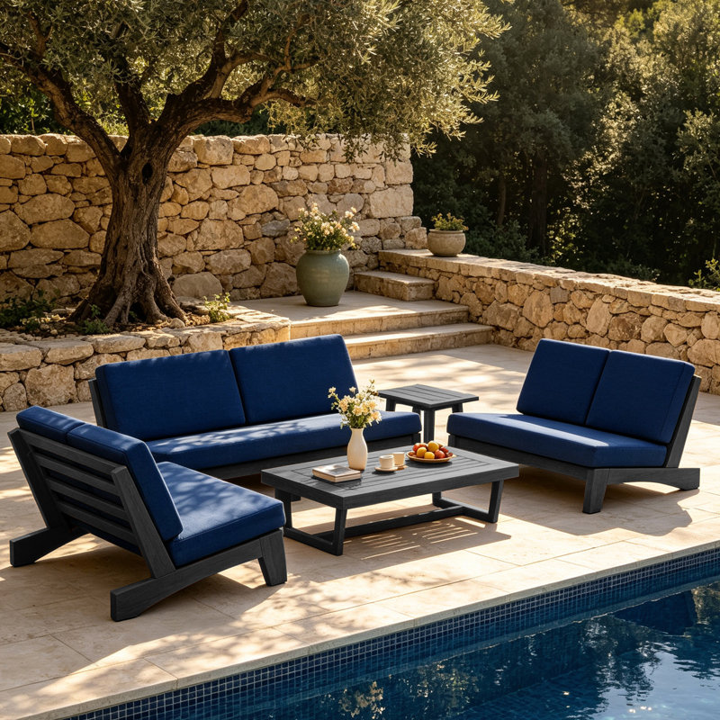 Ensemble de conversation Polett, 5 pièces: 2 tables, 2 causeuses, canapé, Navy, Black