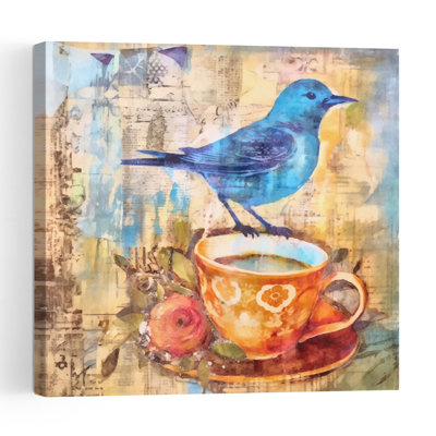 Blue Bird Tea Time Contemporary Bird Wall Art Print