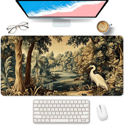 Vintage Heron Large Mouse Pad Desk Mat, Antique European Forest Landscape Medieval Extended Gaming Mousepad, Non-Slip Desk Pad for Home Office Work, 11.8 x 27.56 in