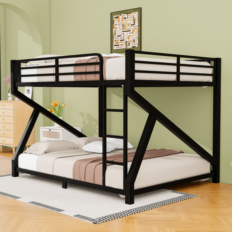 Metal Bunk Bed with Ladder and Guardrails, Queen Over Queen