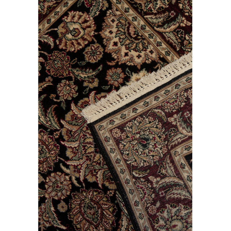 Tapis noir, crème et rouge noué à la main de haute qualité