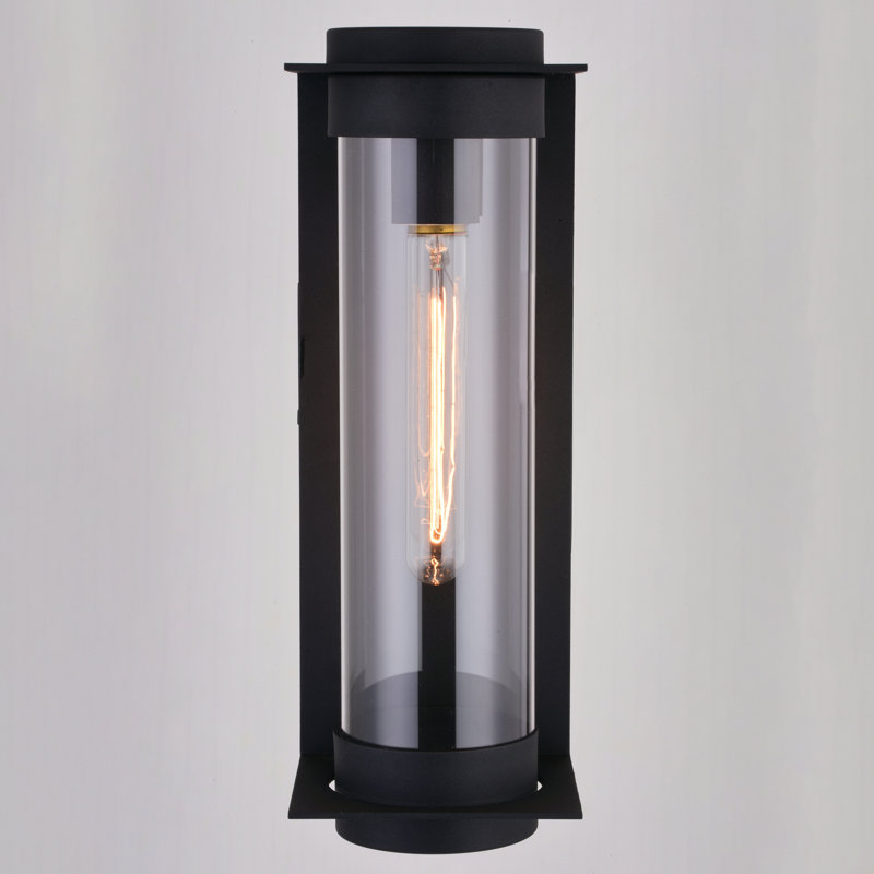 14 in. H 1-Light Textured Black Contemporary Outdoor Wall Sconce made of Durable Metal, Clear Glass Shade, LED Compatible, Use for Exterior Porch Patio Front Door or Garage