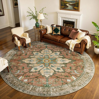 Area Rugs  Washable Non Slip Floral Vintage Distress Print Pattern Medallion Carpet For Living Room Bedroom Dining Room Brick Rust Neutral Burnt