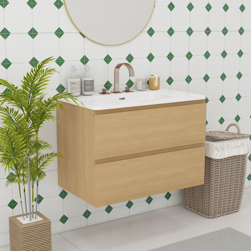 Modern Wall Mounted Bathroom Vanity, Oak