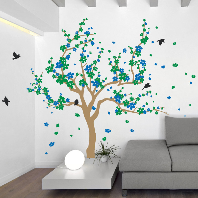 Adhésif décoratif cerisier japonais, Brun pâle / vert / bleu, H 38 x l 59 po x P 0,01 po