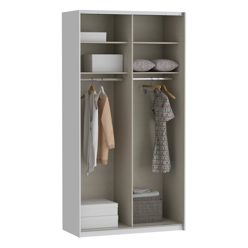 Modern wardrobe with 2 sliding doors, mirror, clothing rail and shelves, engineered wood, High Gloss White