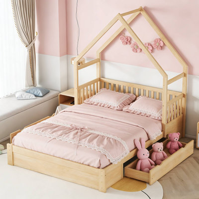 2 Drawers Queen Platform House Bed Wood Frame With Guardrail For Bedroom Kids Playroom Guest Room