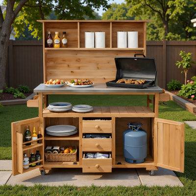 Large Garden Storage Potting Bench With Lockable Wheels, Stainless Steel Top, Drawers, Door Shelves And Hutch