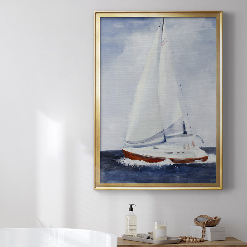 Bateau dans la mer, toile encadrée de qualité supérieure - prête à être accrochée, H 24,5 po x l 18,5 po x P 1 po, Or