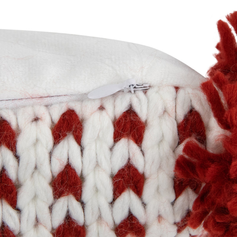 Coussin décoratif 19,5 po en tricot blanc et rouge avec pompons, Rectangle H 12 po x l 19,5 po, Pois blancs