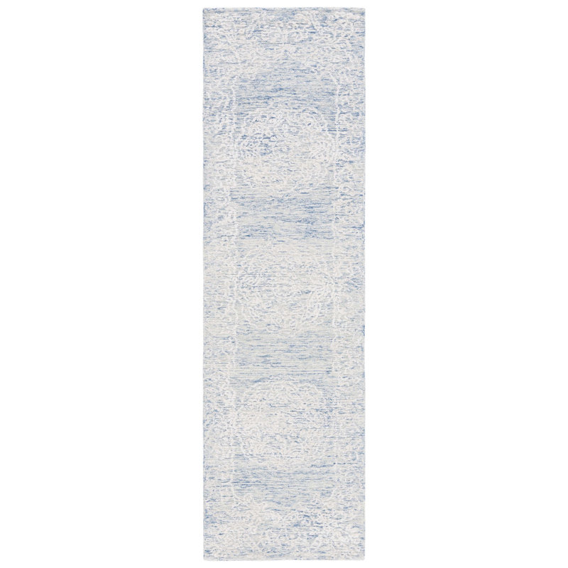 Tapis bleu / ivoire en soie / coton touffeté à la main Batha, Tapis de couloir 2 pi 3 po x 8 pi