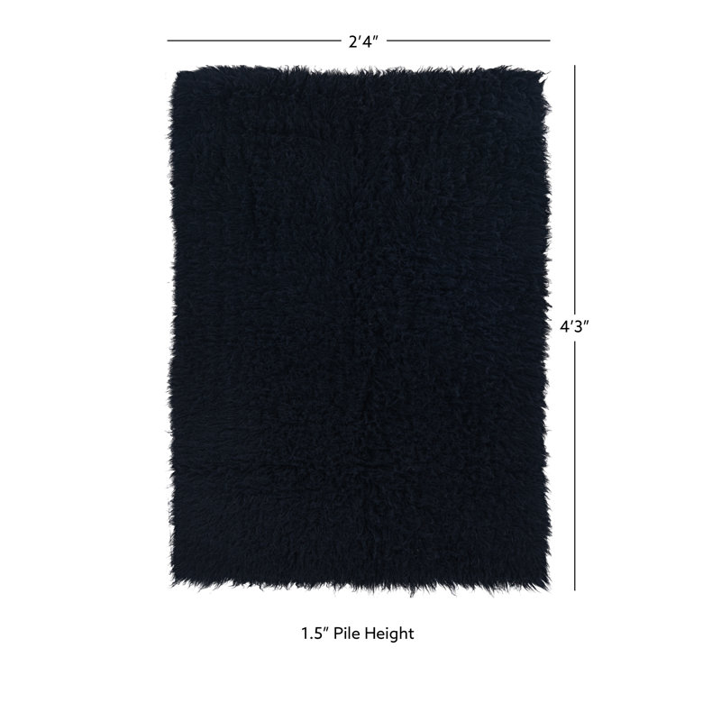 Handmade Black Rectangular Shag Wool Area Rug