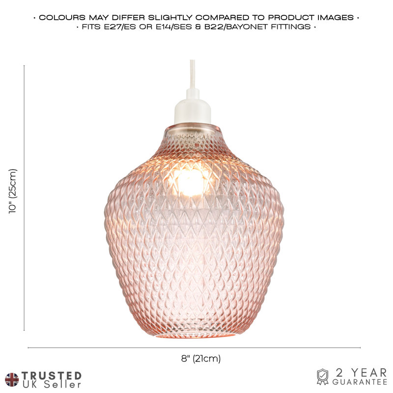 23cm H Glass Hourglass Pendant Shade ( Screw On ), Soft Blush Pink