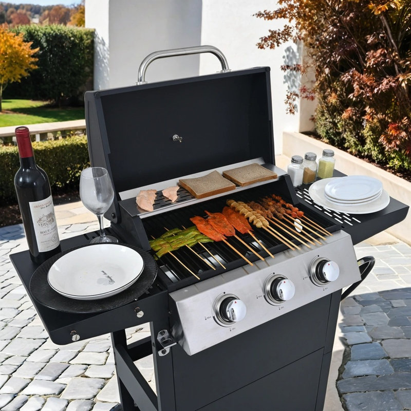 Barbecue au propane en acier inoxydable à 3 brûleurs, 26 K BTU, barbecue portatif avec roues