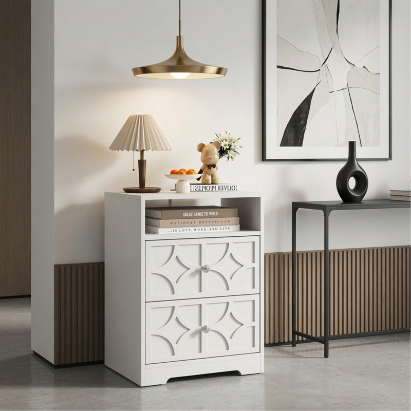 Table de chevet 18 po en bois blanc avec 2 tiroirs et station de charge, Individuel