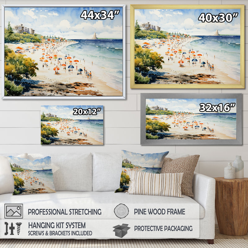 Impression rétro sur toile, plage rétro, Cadre de coin blanc fermé, H 34 po x l 44 po x P 1,5 po