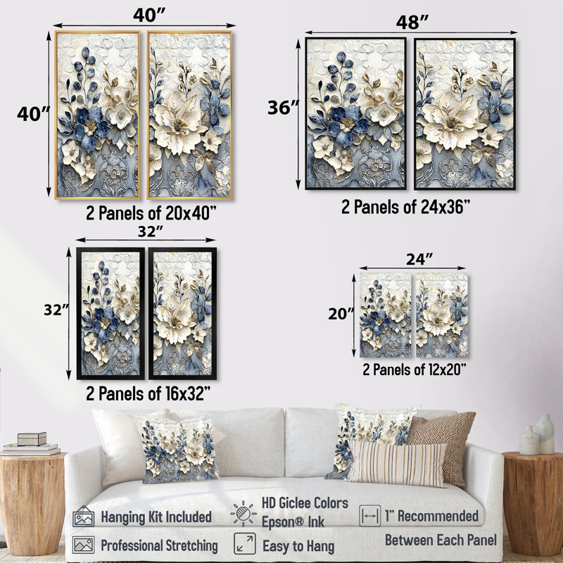 Carreaux abstraits floraux blancs et bleus - fleurs, art mural, ensemble de 2 fleurs dorées, H 32 po x l 32 po, Blanc