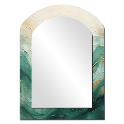 Gold And Black Soft Wave Fusion V - Abstract Shapes Arch Mirror, Green Asymmetrical Unique Wall Mirror, Printed Metal Art