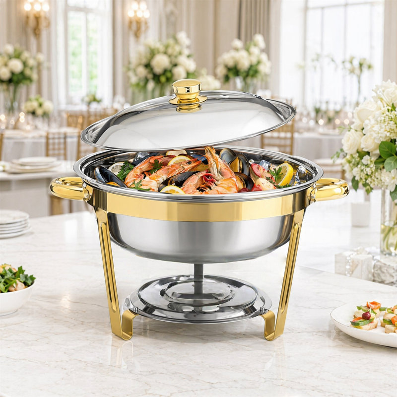 4-Pack 5 QT 18/8 Stainless Steel Chafing Dish, Gold Accent Buffet Warmer, Screw-Assembly Frame, Stackable