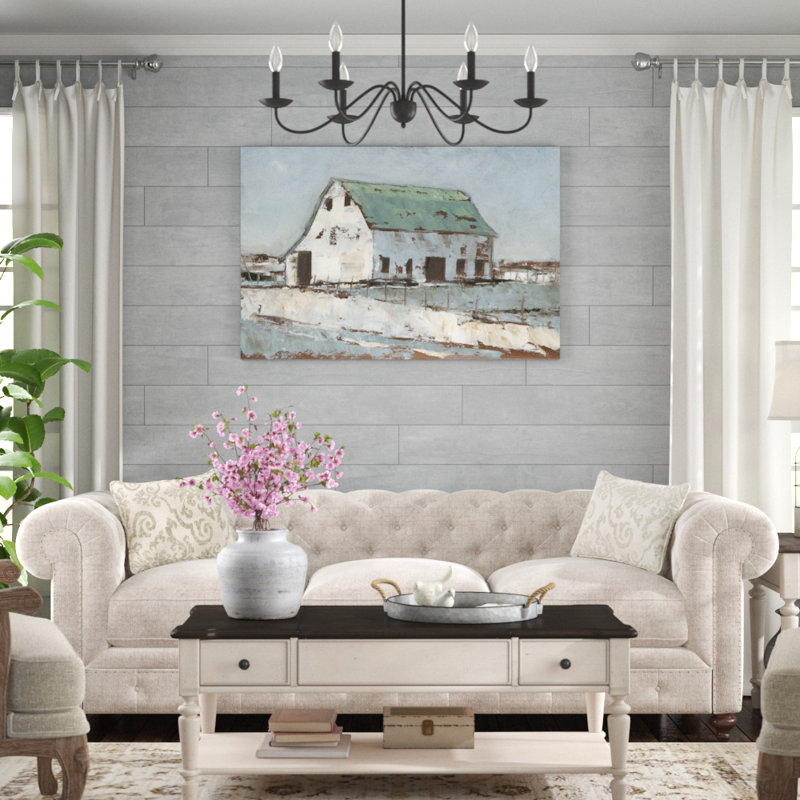 «Plein Air Barn II», peinture sur toile, H 32 po x l 48 po, Papier avec cadre photo noyer, Oui