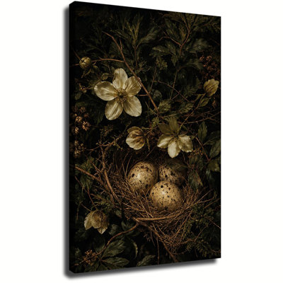 Nid d'oiseau avec œufs de caille et fleurs blanches crème, toile murale botanique sombre et mystérieuse, décoration murale rustique nature