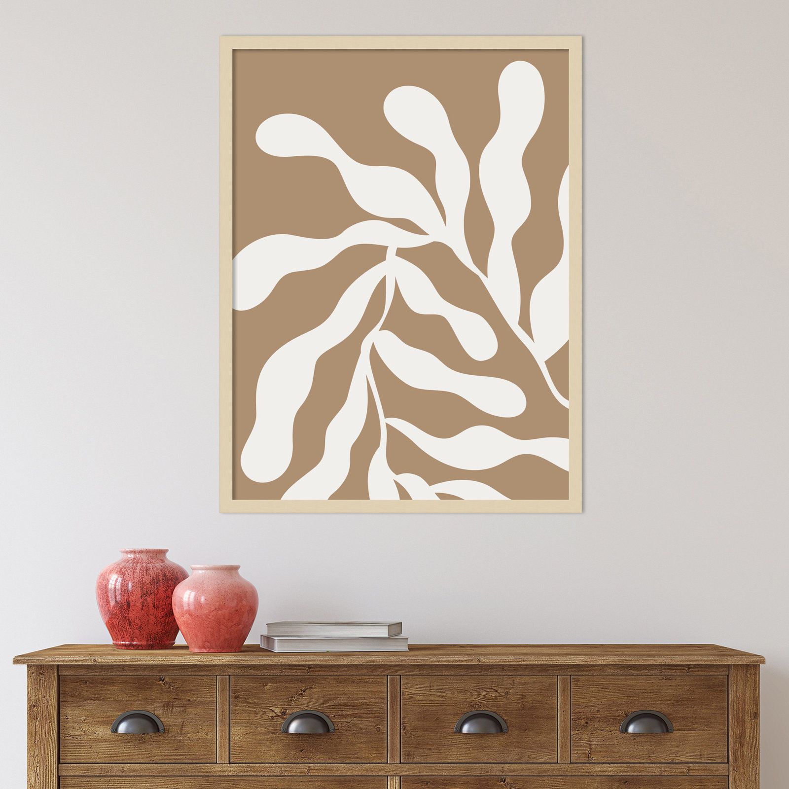 Retro Matisse Inspired Abstract Botanical 1 Beige by The Creative Bunch Studio, Brown, 33" H x 25" W x 1" D