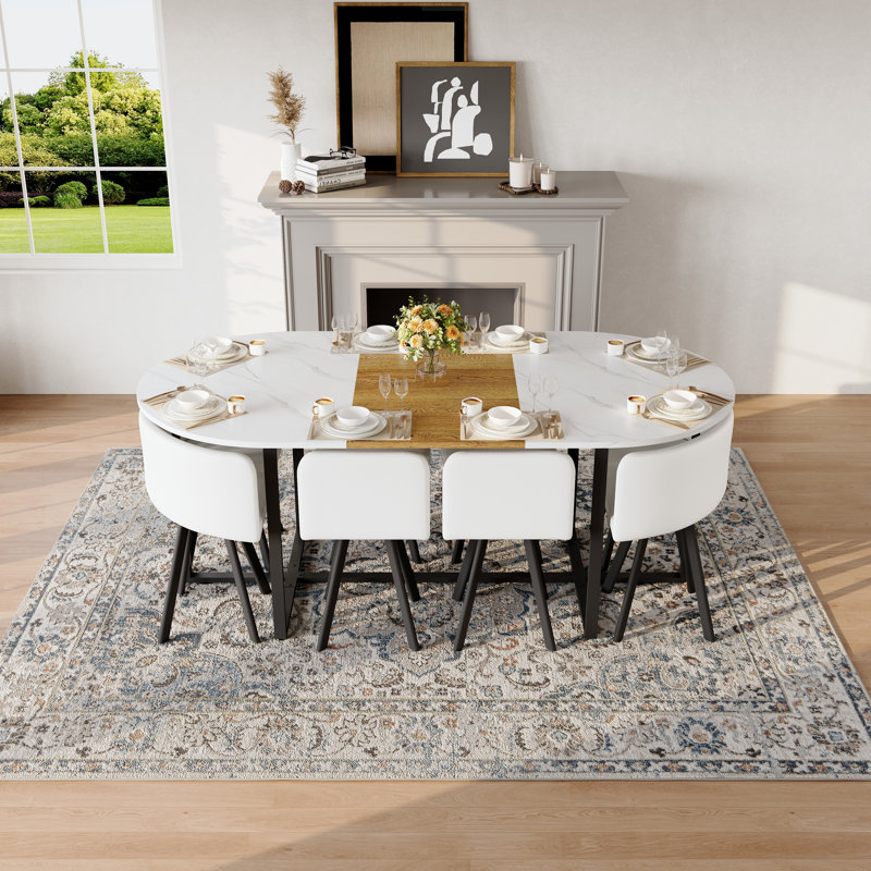 9-Piece Oval Dining Table Set, Fixed White Faux Marble & Wood Grain Triamine Tabletop with 8 White PU Leather Chairs, Modern Kitchen Table Set for 8 People, Ideal for Family Gatherings, Dining Room