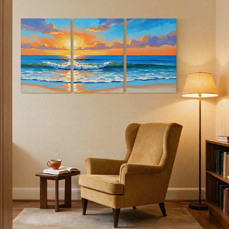 Nautique et plage coucher de soleil océan vagues plage ciel nuages réflexion sable ensemble de 3 impressions d'art sur toile