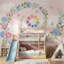 Papier peint couronne de fleurs, fond rose pastel, oiseaux-1182426429-1182426417