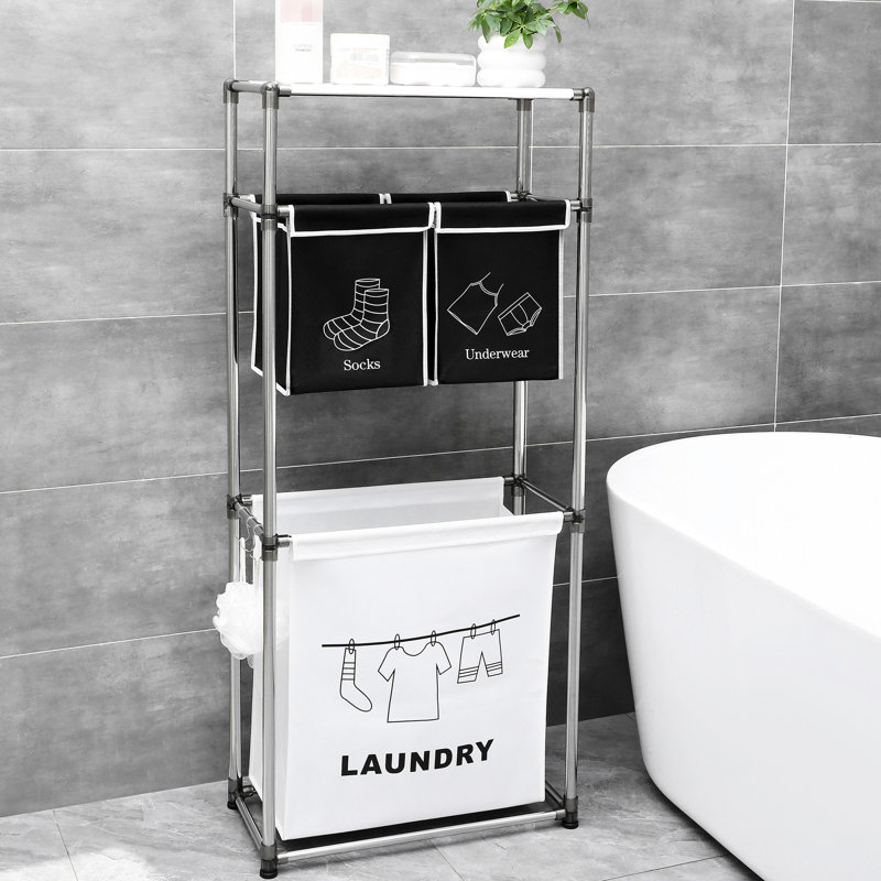 Trieur de paniers à linge noir et blanc, 3 niveaux, 4 sacs, imperméable, construction robuste, assez d'espace pour les articles de toilette