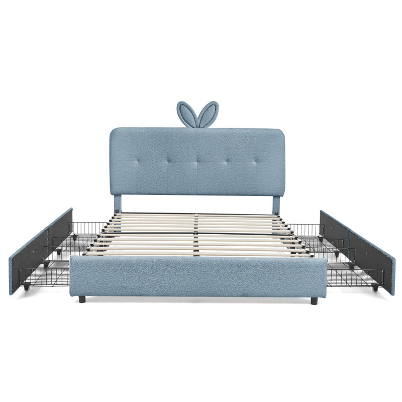 Lit pleine grandeur pour enfants avec tête de lit surdimensionnée pour oreilles de lapin et synchro musicale, lumière DEL et 4 tiroirs de rangement, tissu bouclé (79,5 po x 55,75 po x 41 po)
