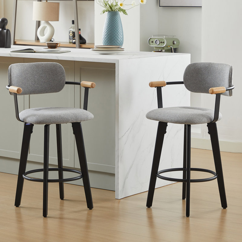 Tabouret de bar pivotant rembourré de 25,59 po avec structure en bois massif, Gris