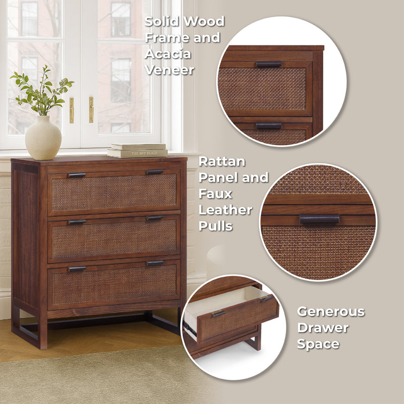 Ameer Dresser with 3 Rattan Inset Drawers, Faux Leather Pulls & Deep Storage, Walnut