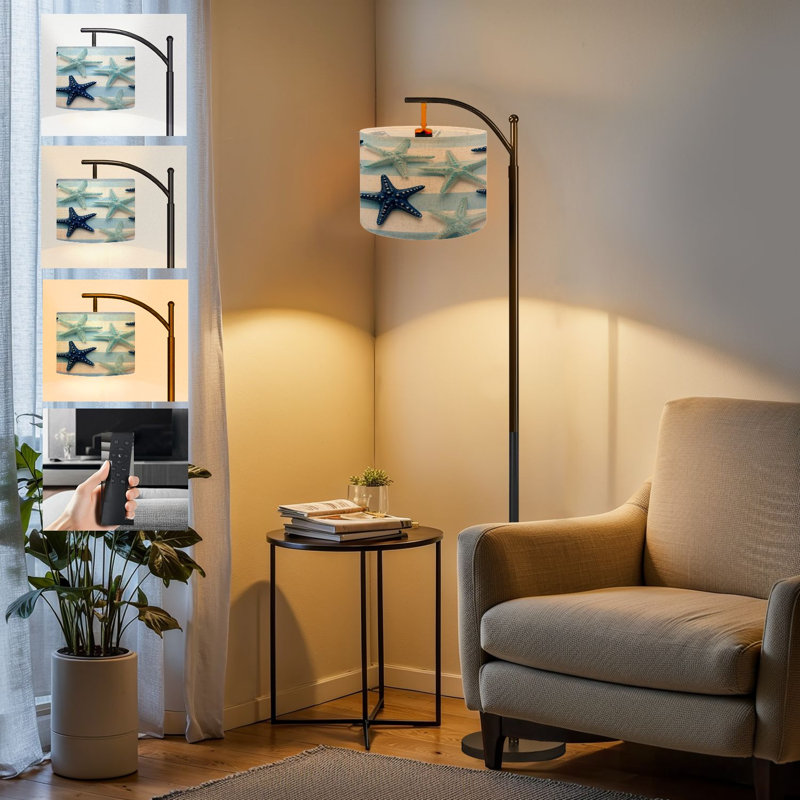  Arc Floor Lamp Coastal starfish repeat Navy blue turquoise striped Seamless Tall Modern Standing Lamp LED Adjustable Linen Lampshade 3 Color Temperatures