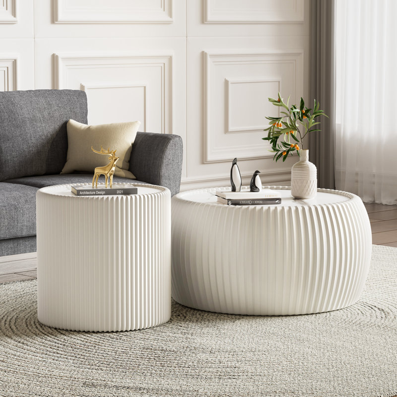 Ensemble de 2 tables basses gigognes, table basse ronde et moderne avec plateau en pierre frittée et base en similicuir, petite table d'appoint cylindrique en forme de cylindre pour le salon
