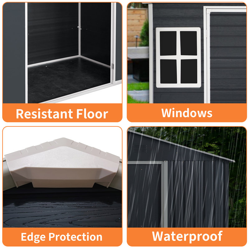 8 pi L 4 pi. D Abri de jardin extérieur en résine avec plancher et 2 fenêtres, porte verrouillable pour outils de jardin, vélos, poubelles (noir) (32 pieds carrés)