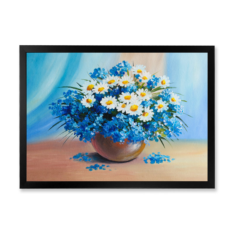 Nature morte fleurs bleues et blanches dans un vase - reproduction sur toile avec cadre flottant, Toile avec cadre noir