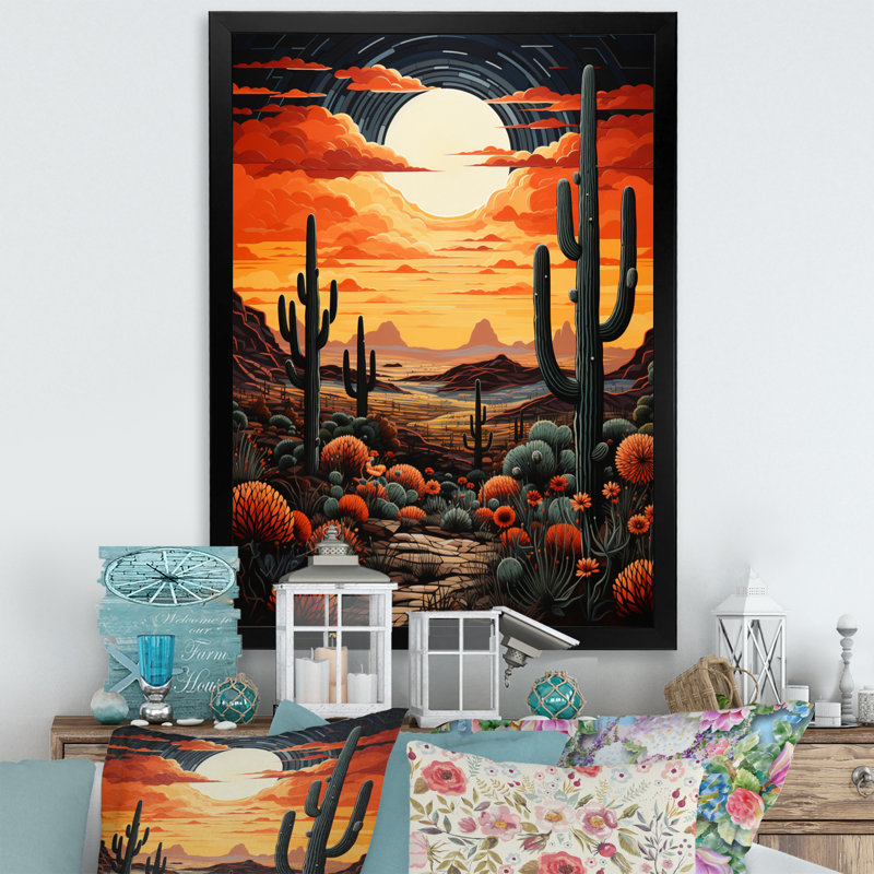 Ballyclare, orange, jaune, cactus, désert, coucher de soleil, Saguaro - Cactus, art mural encadré, H 32 po x l 16 po x P 1 po